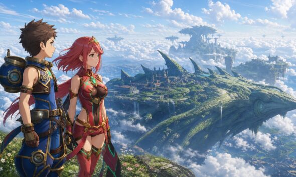 Rex and Pyra overlooking a Titan above the Cloud Sea in Xenoblade Chronicles 2