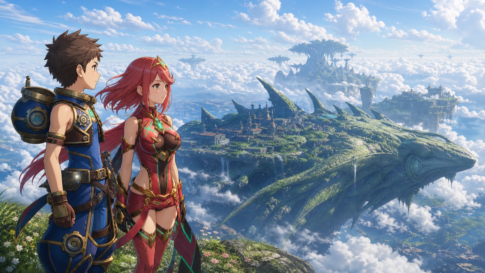 Rex and Pyra overlooking a Titan above the Cloud Sea in Xenoblade Chronicles 2