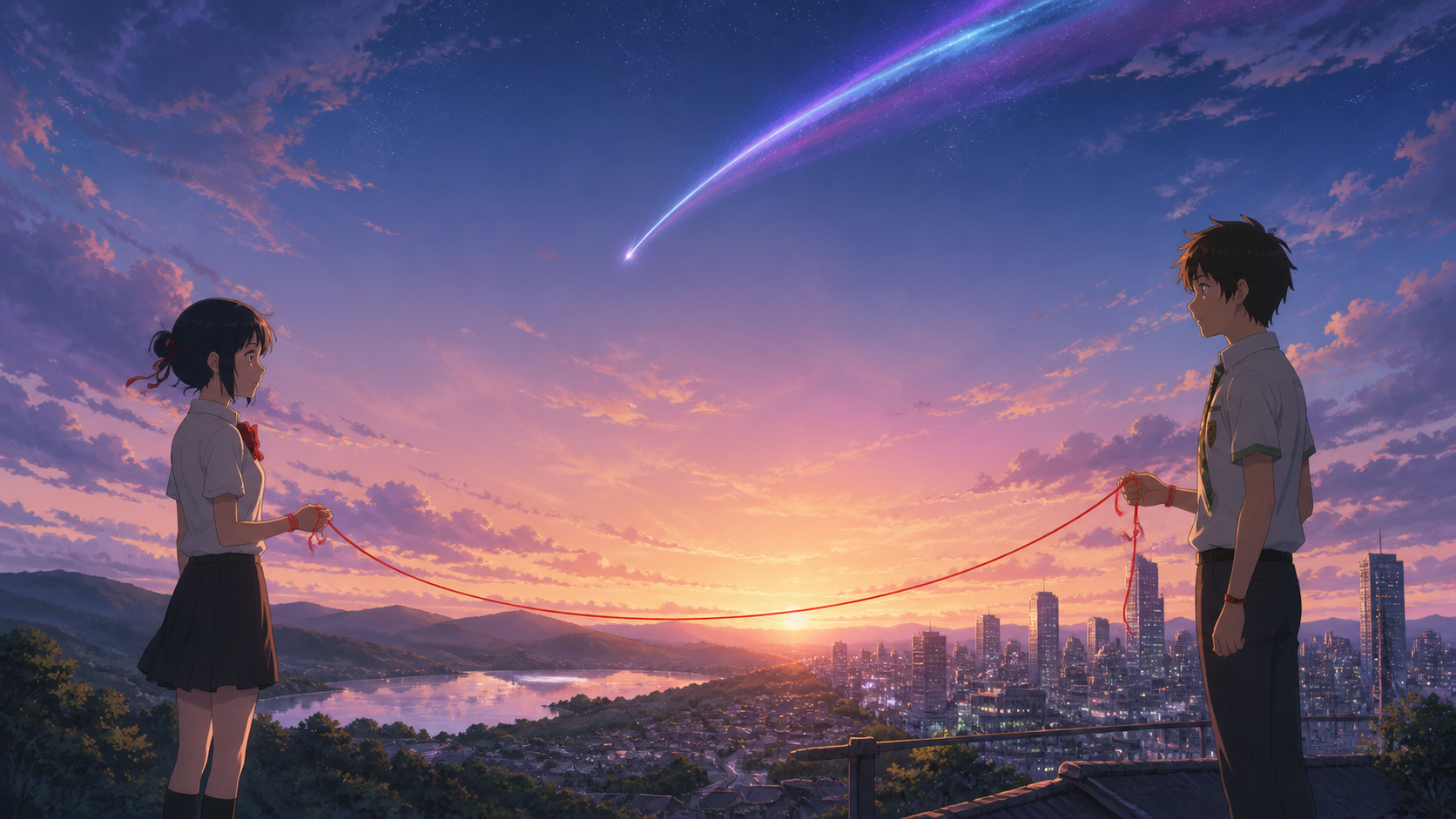 Mitsuha and Taki in Your Name 4K remaster artwork beneath a comet