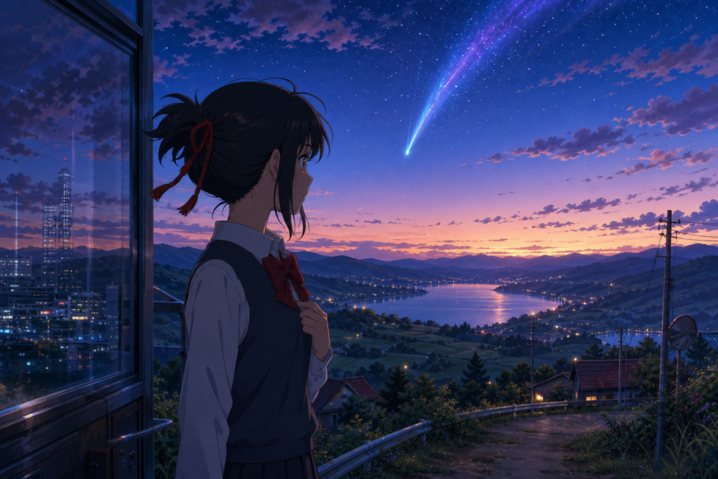 Mitsuha looks across Itomori Lake toward a comet in the twilight sky