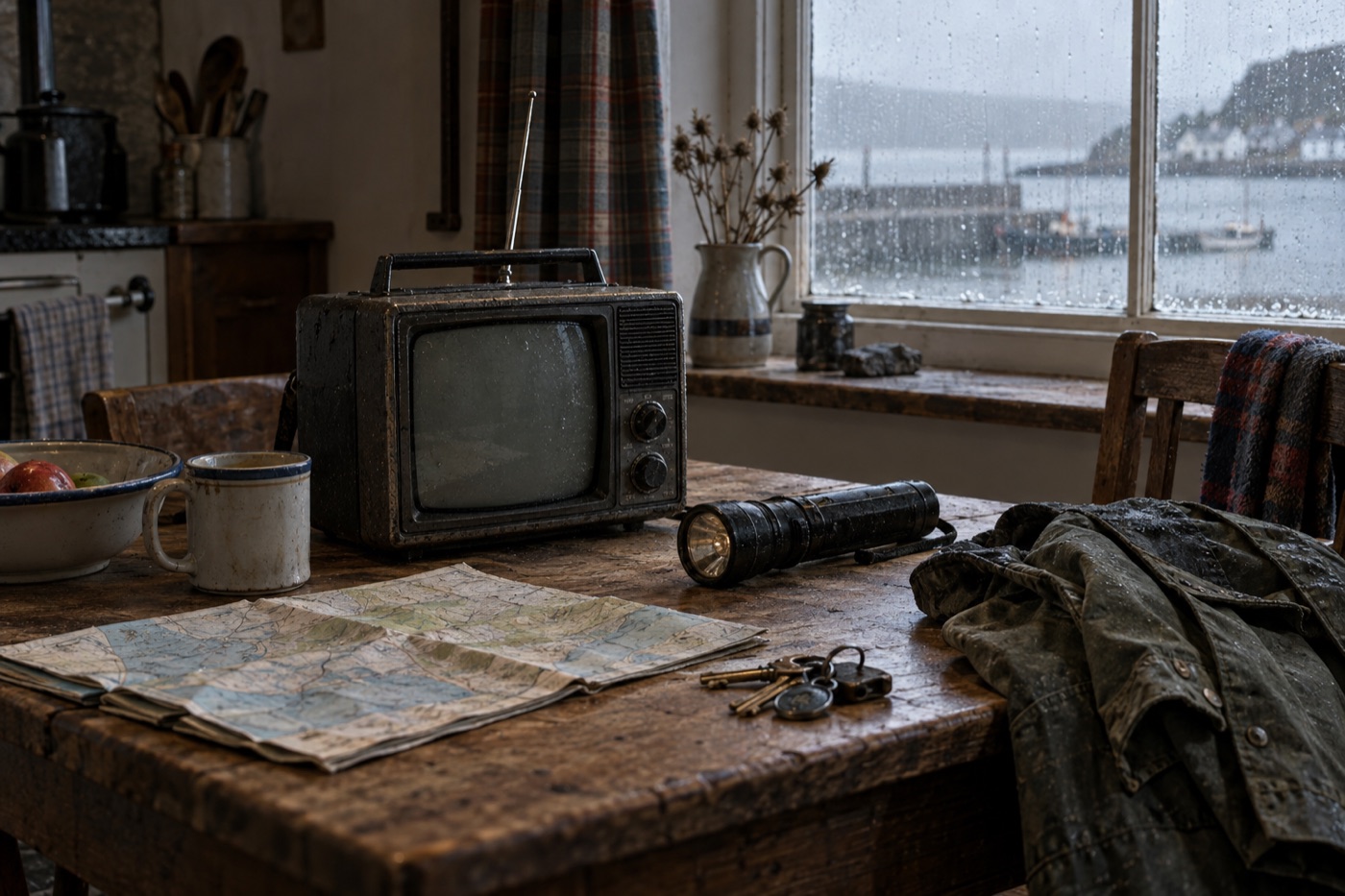 A weathered portable television, flashlight and map inside a rain-soaked Scottish coastal cottage.