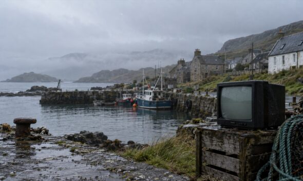 A misty Scottish island harbour with a weathered portable television on the quay.