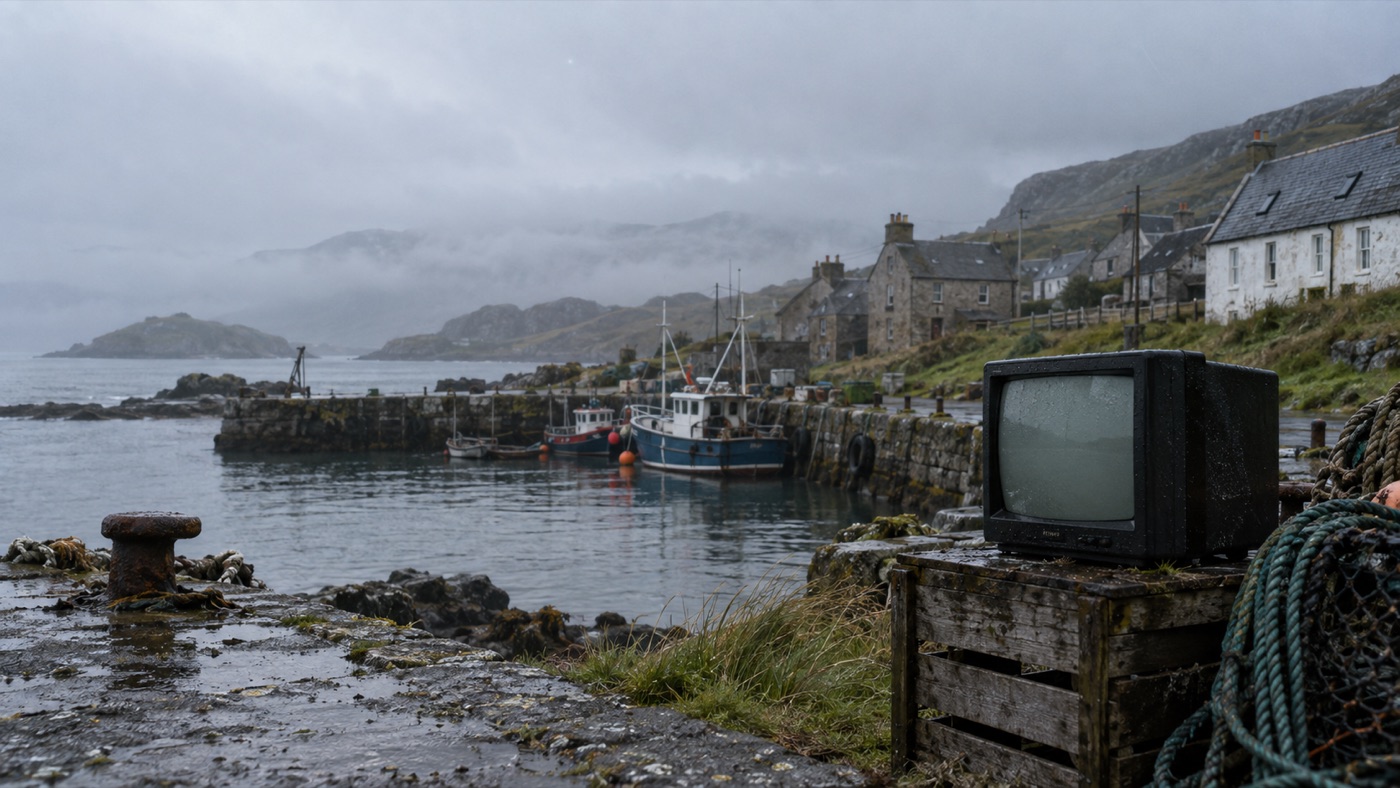A misty Scottish island harbour with a weathered portable television on the quay.