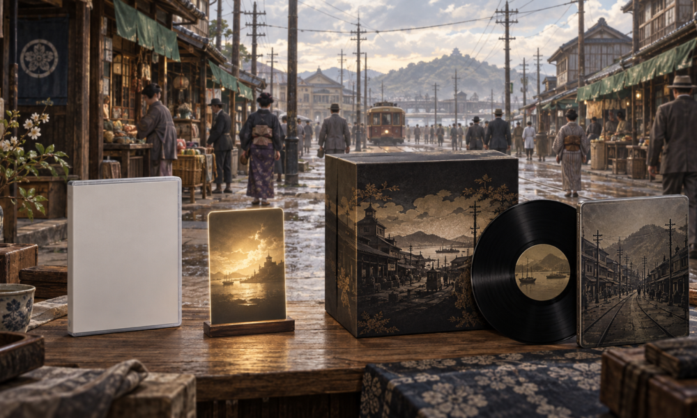 An illustrated early twentieth-century Japanese street behind conceptual game edition items and a vinyl record
