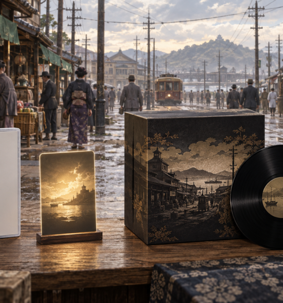 An illustrated early twentieth-century Japanese street behind conceptual game edition items and a vinyl record