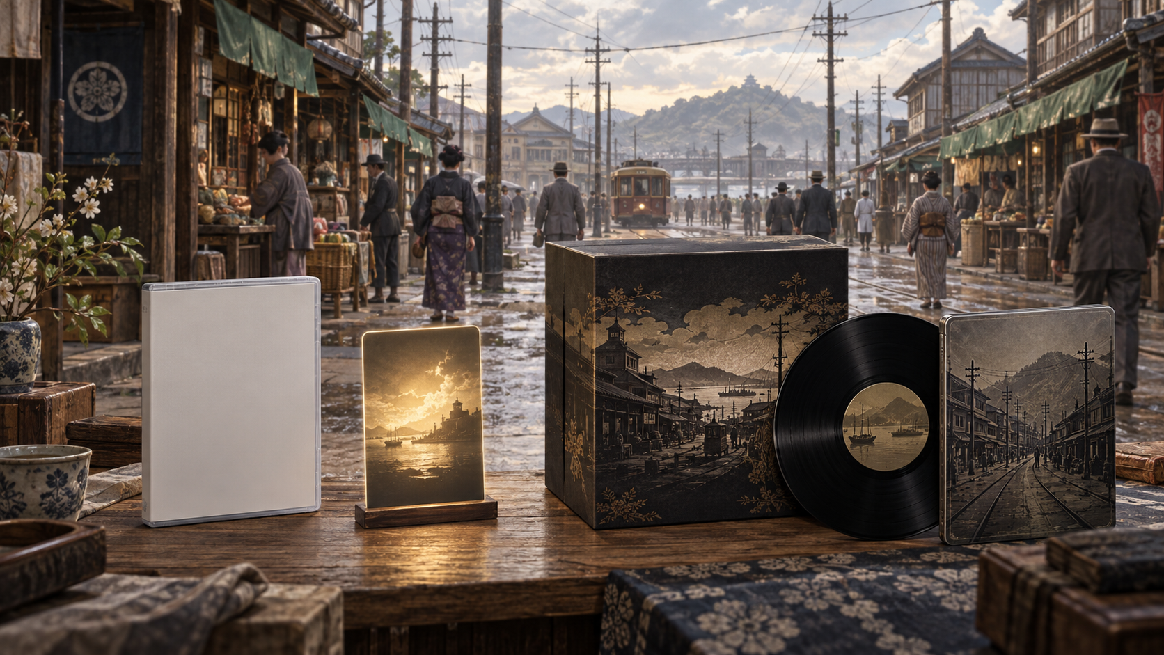 An illustrated early twentieth-century Japanese street behind conceptual game edition items and a vinyl record