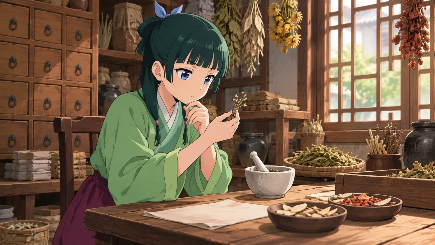 Maomao studies herbs beside a mortar and ingredient bowls in an apothecary room.