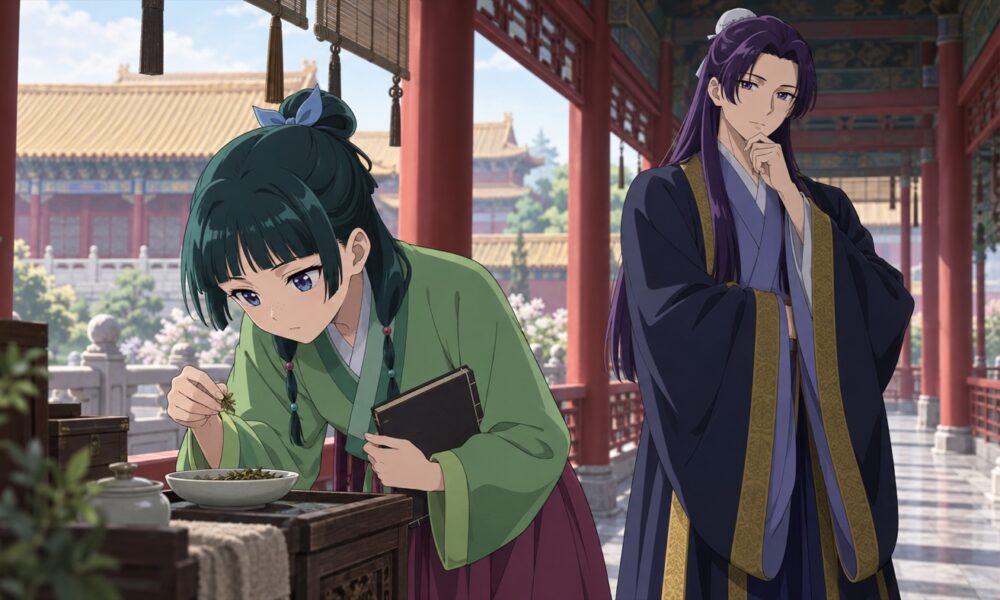 Maomao examines herbs as Jinshi watches in a palace corridor.