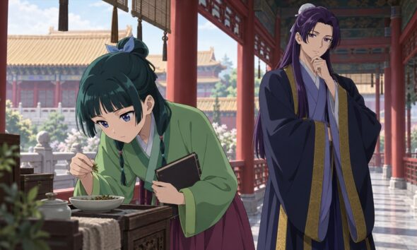 Maomao examines herbs as Jinshi watches in a palace corridor.