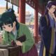 Maomao examines herbs as Jinshi watches in a palace corridor.