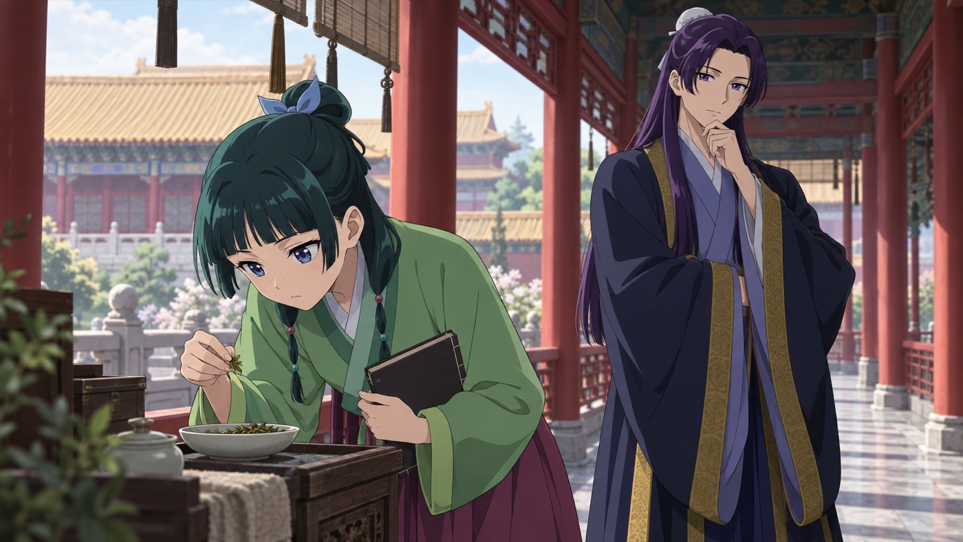 Maomao examines herbs as Jinshi watches in a palace corridor.