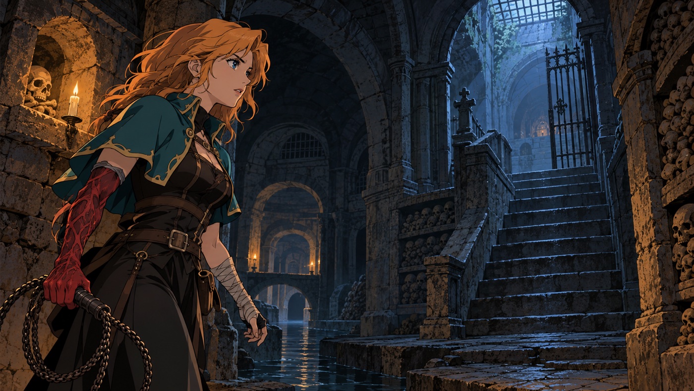 Rose Belmont explores the Paris catacombs in artwork for Castlevania Belmont's Curse.