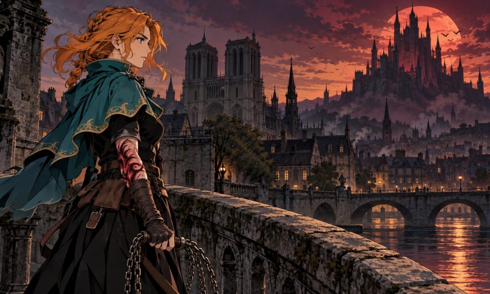 Rose Belmont with her chain whip overlooks medieval Paris and a Gothic castle.