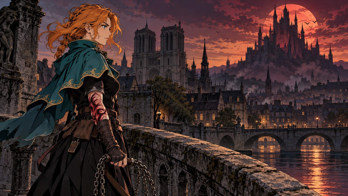 Rose Belmont with her chain whip overlooks medieval Paris and a Gothic castle.