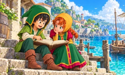 Dragon Quest VII Reimagined Hero and Maribel study an adventure journal beside an island harbour