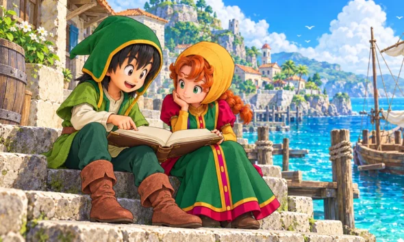 Dragon Quest VII Reimagined Hero and Maribel study an adventure journal beside an island harbour
