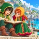 Dragon Quest VII Reimagined Hero and Maribel study an adventure journal beside an island harbour