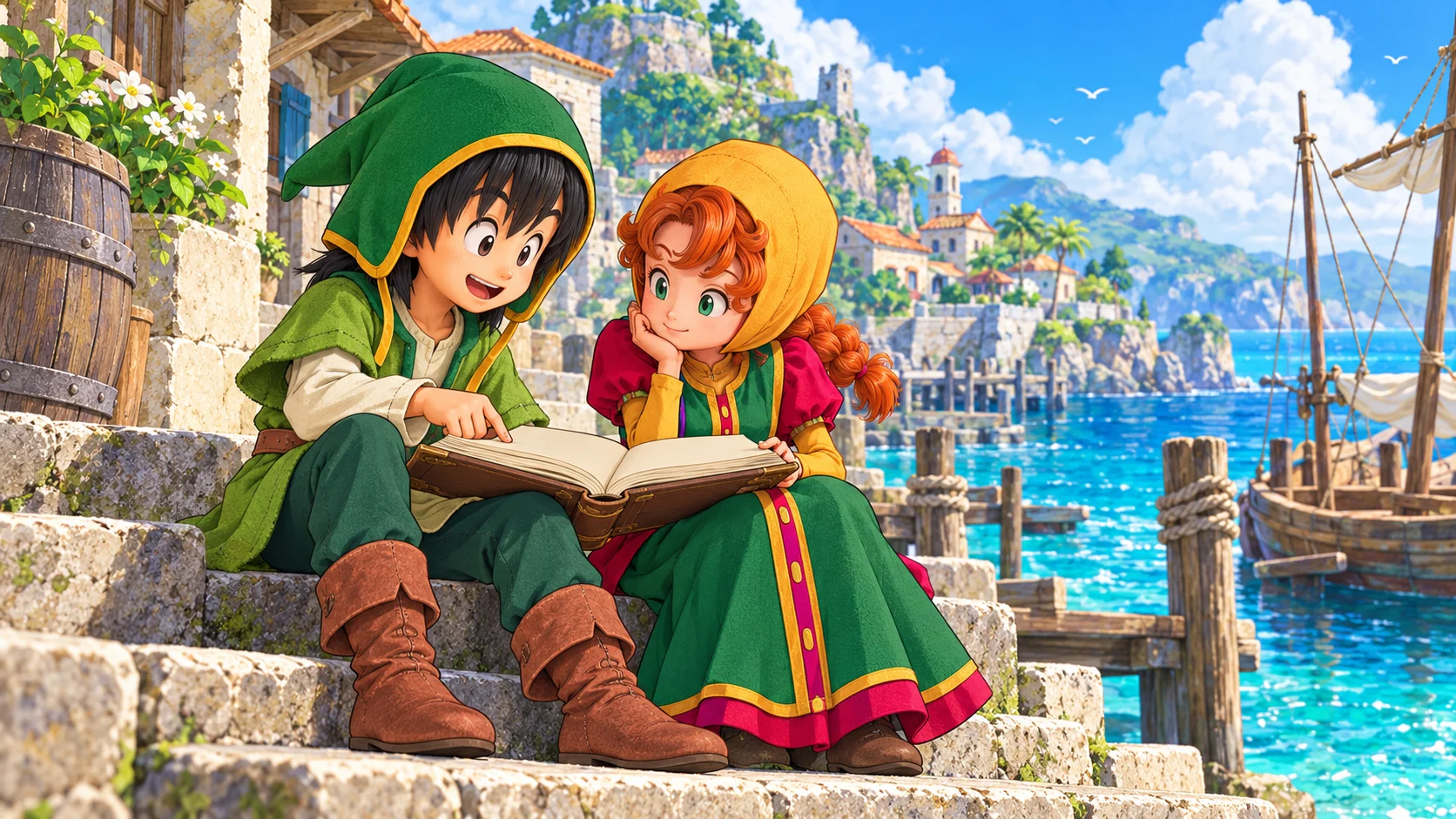Dragon Quest VII Reimagined Hero and Maribel study an adventure journal beside an island harbour