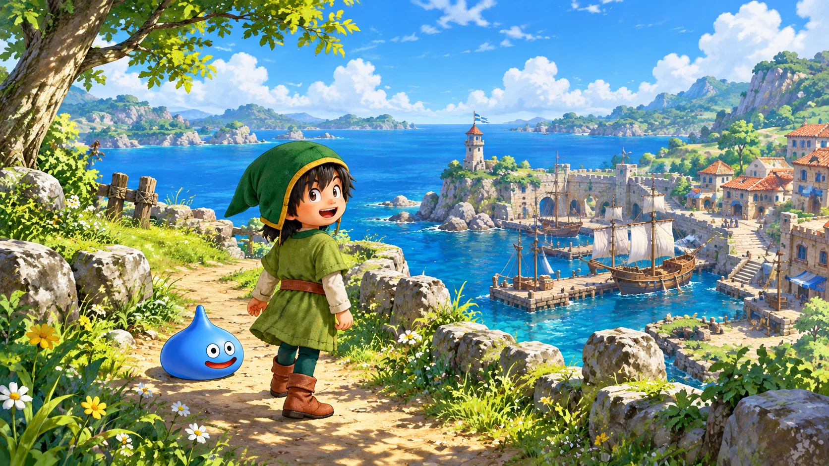 Dragon Quest VII Reimagined Hero and a blue Slime on a sunny coastal path