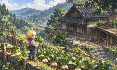 Village in the Shade inspired artwork of a blond farmer beside turnip beds and a mountain farmhouse