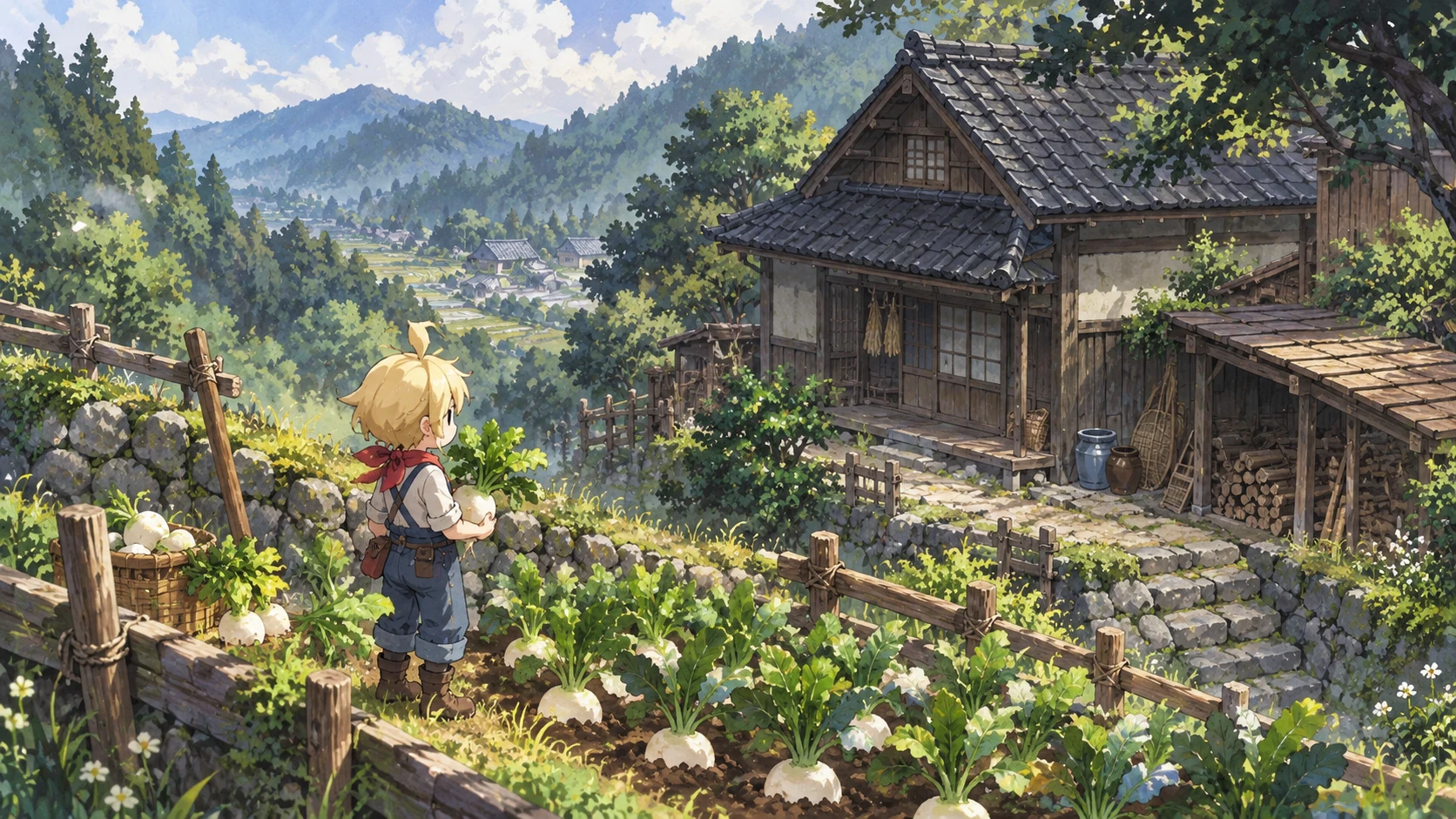 Village in the Shade inspired artwork of a blond farmer beside turnip beds and a mountain farmhouse