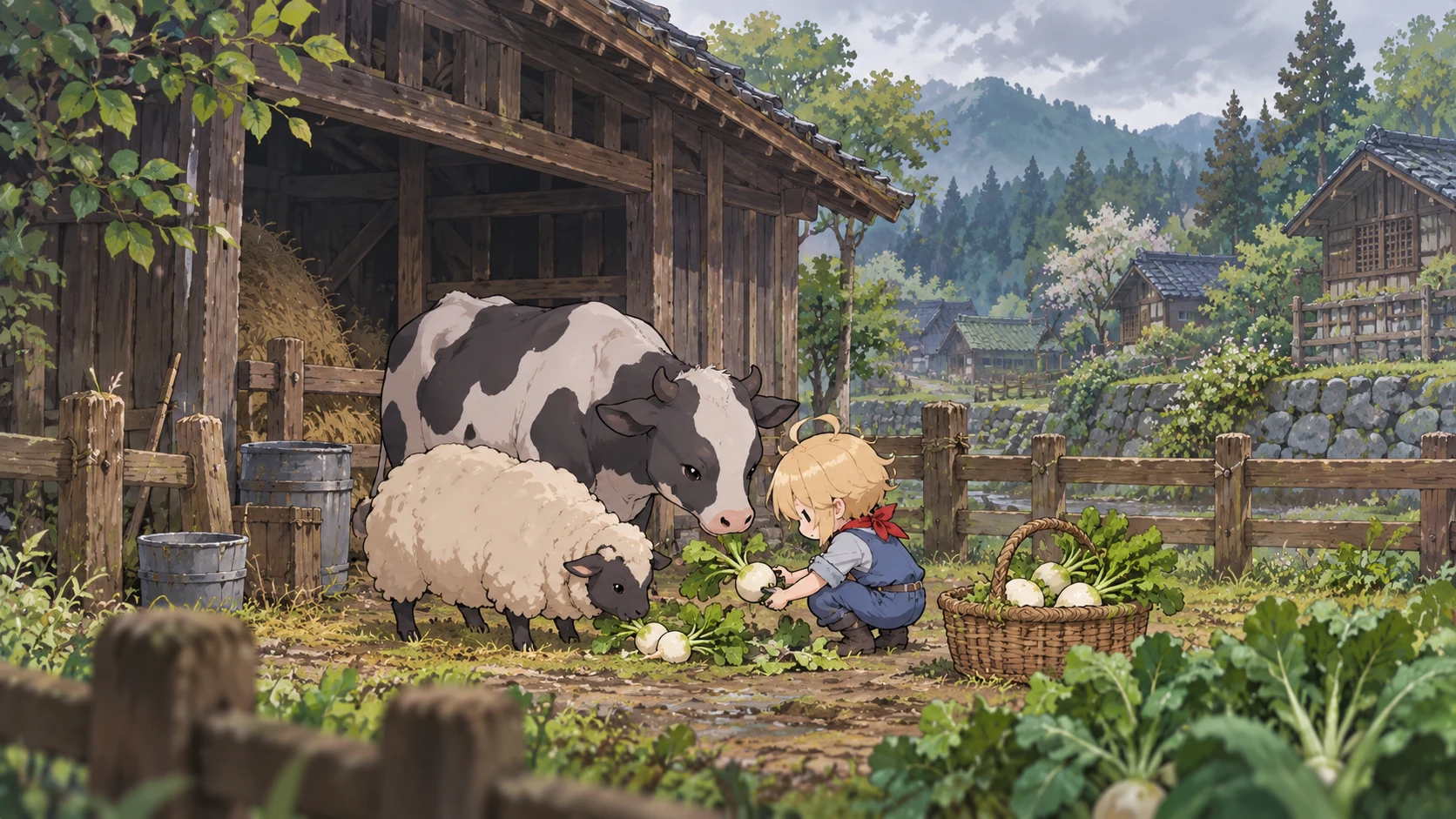 Blond farmer tending a cow and sheep in Village in the Shade inspired farm artwork