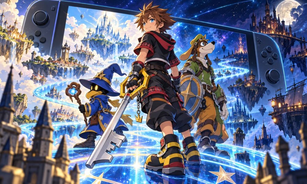 Anime fantasy adventurers stand before a handheld console portal and star-filled worlds.