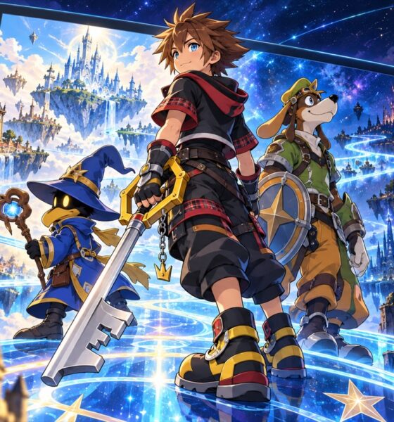 Anime fantasy adventurers stand before a handheld console portal and star-filled worlds.