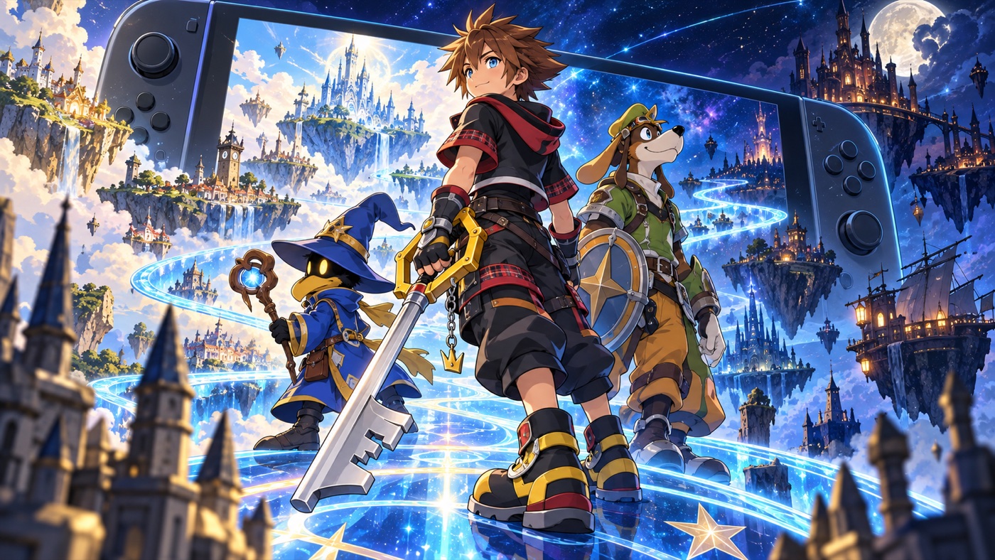 Anime fantasy adventurers stand before a handheld console portal and star-filled worlds.