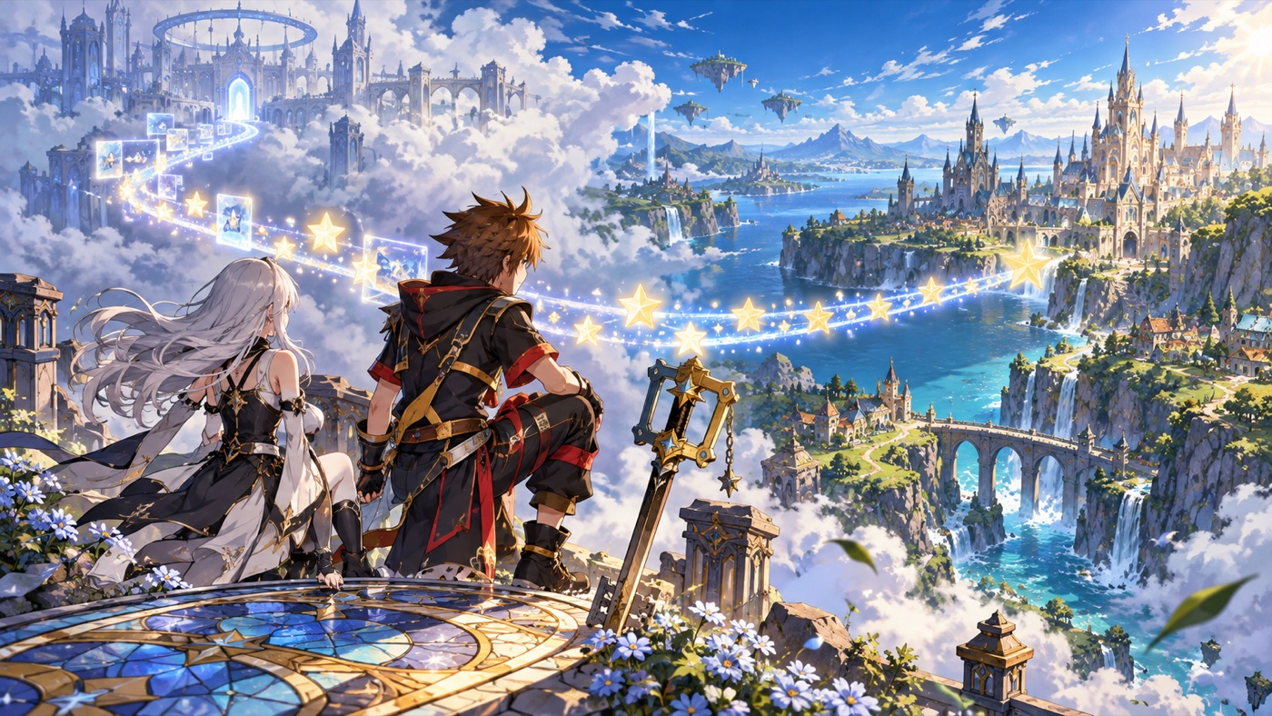 Two anime fantasy adventurers watch star-shaped memories travel from a cloud world to a clear new world.