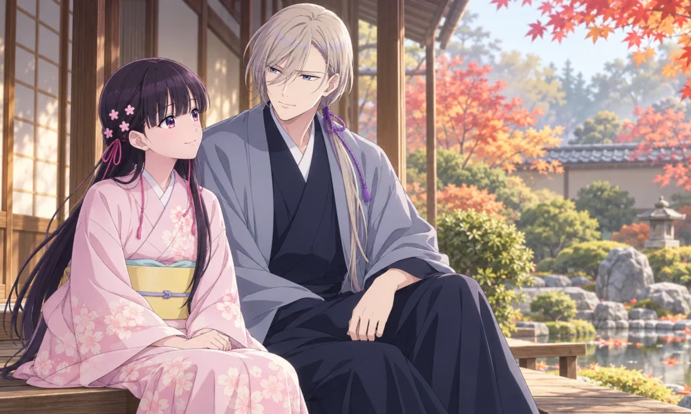 My Happy Marriage characters Miyo and Kiyoka sitting beside a quiet autumn garden