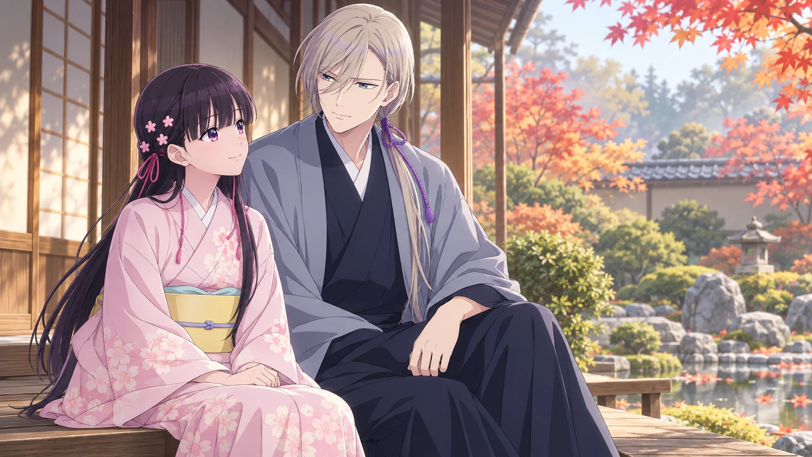My Happy Marriage characters Miyo and Kiyoka sitting beside a quiet autumn garden