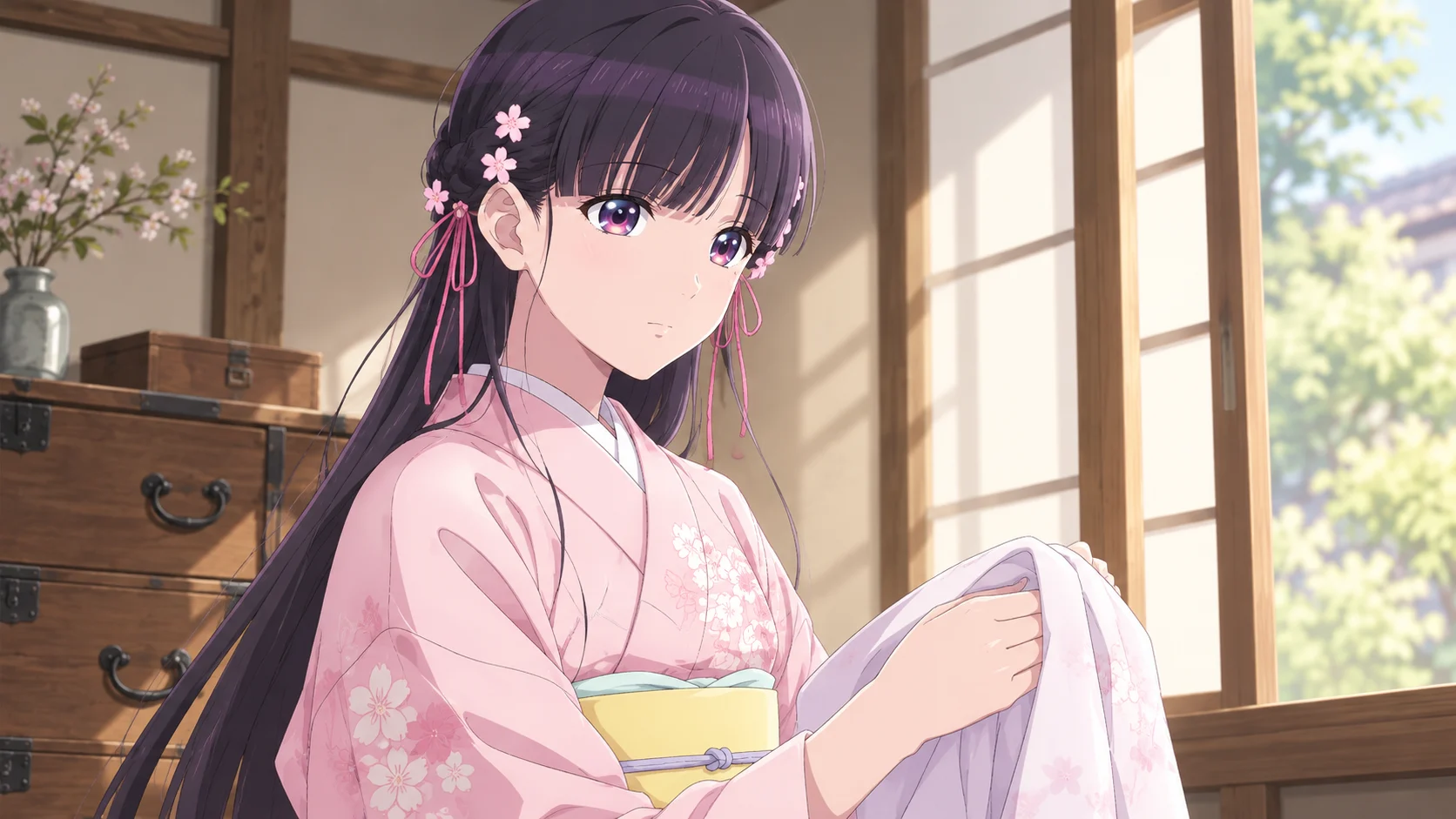 Miyo Saimori in a pink floral kimono beside a shoji window in My Happy Marriage inspired artwork