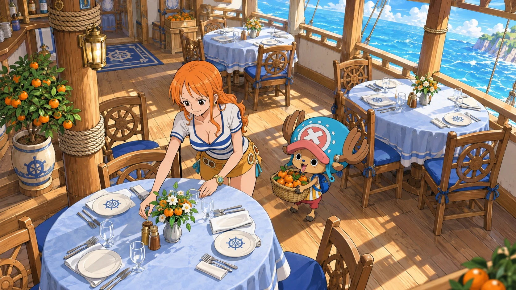 Nami arranges a dining table while Chopper carries tangerines in a floating restaurant