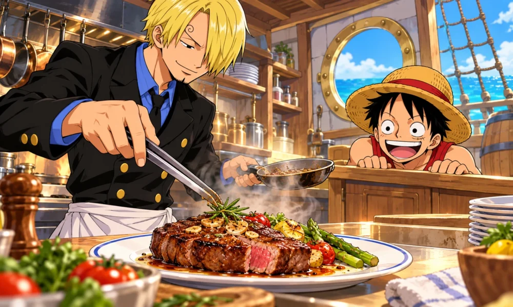 Sanji cooks as Luffy watches in One Piece Grand Gourmet inspired restaurant artwork