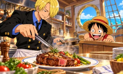 Sanji cooks as Luffy watches in One Piece Grand Gourmet inspired restaurant artwork