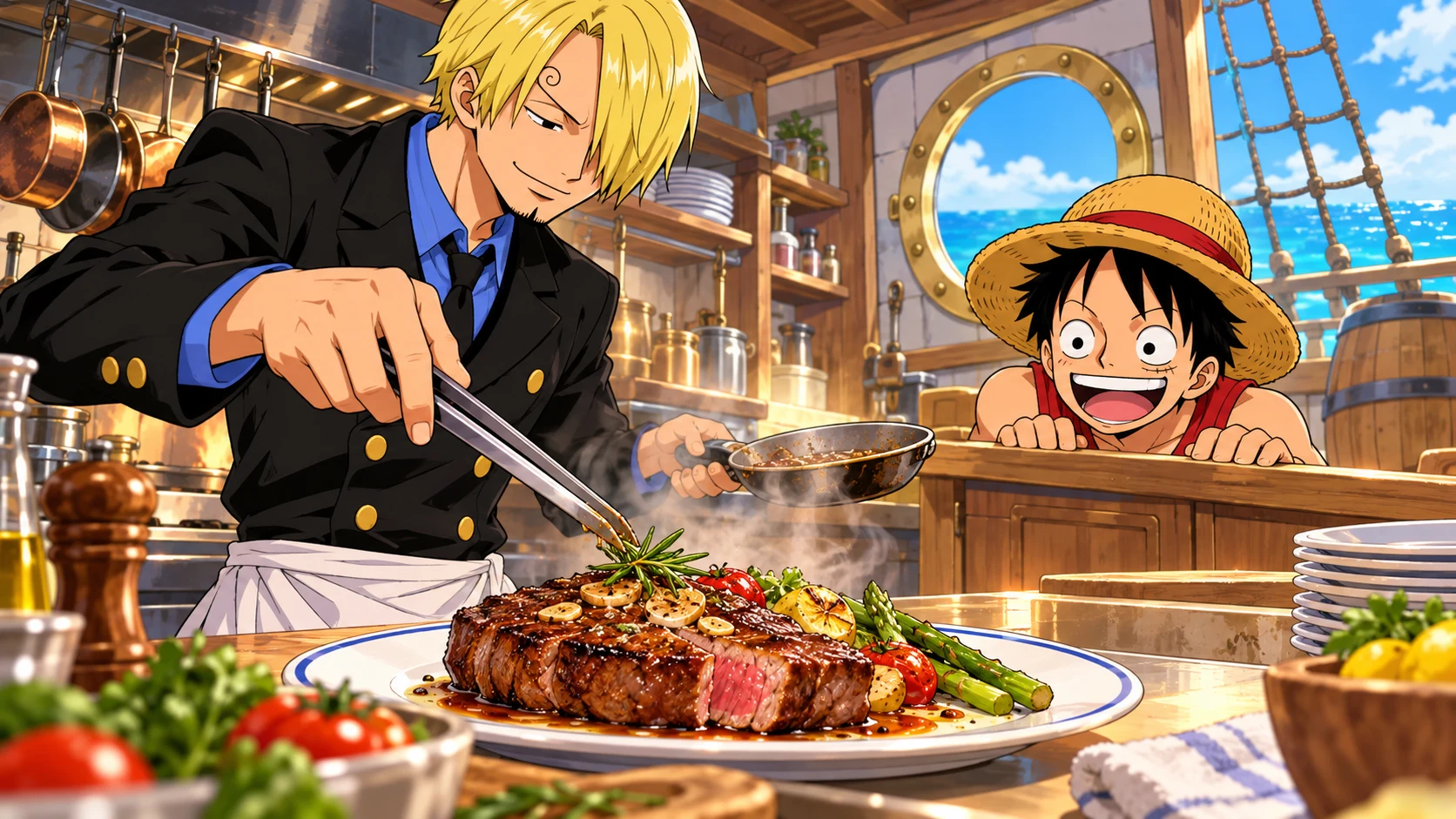 Sanji cooks as Luffy watches in One Piece Grand Gourmet inspired restaurant artwork