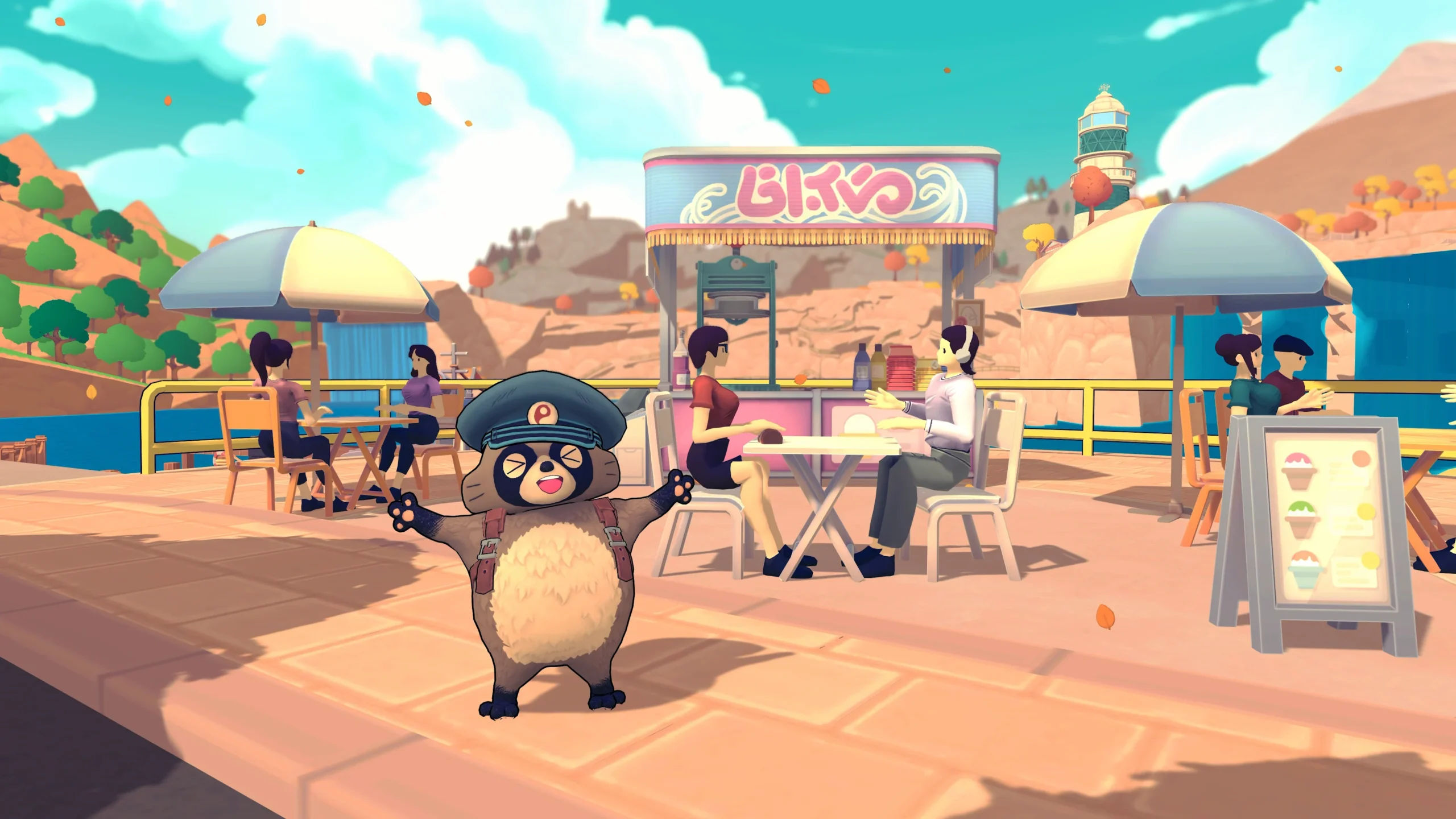 Pon in his postal cap at a seaside cafe in TANUKI: Pon's Summer