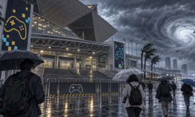Illustrated visitors leave a Japanese gaming convention entrance in heavy rain.